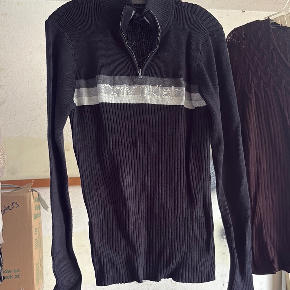 Calvin Klein Black Zip Up Sweater with Ribbed Texture